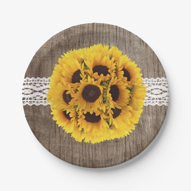 Rustic Sunflower Lace & Barn Wood Elegant Wedding Paper Plate (Front)