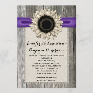 Rustic Sunflower Lace Barn Wood Purple Ribbon Invitation