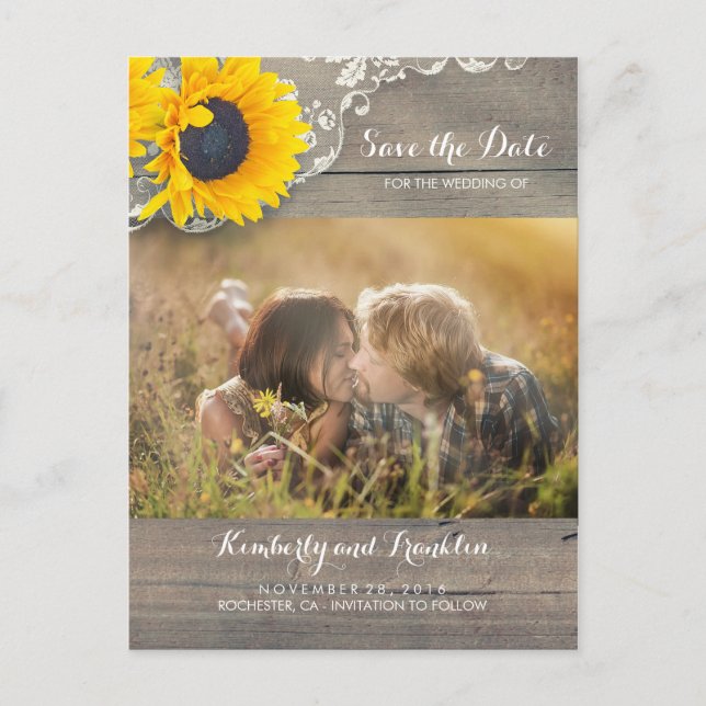 Rustic Sunflower Lace Photo Save the Date Announcement Postcard (Front)
