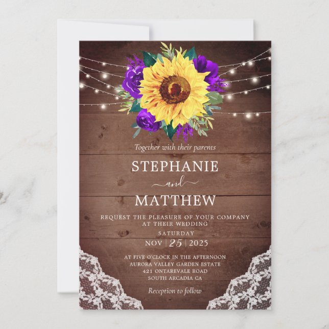 Rustic Sunflower Lace Purple Rose Fall Wedding Invitation (Front)