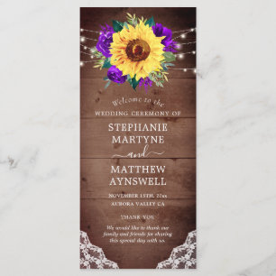 Rustic Sunflower Lace Purple Rose Fall Wedding Program