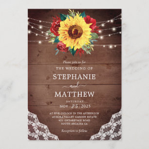 Rustic Sunflower Lace Red Floral Wood Lights Invitation