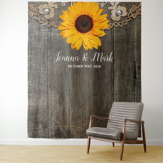 Rustic Sunflower Lace Wedding Photo Booth Backdrop Tapestry (In Situ)