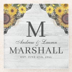 Rustic Sunflower Lace Wood Couple Names Glass Coaster