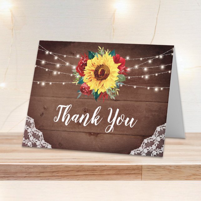 Rustic Sunflower Lace Wood Red Floral Wedding Thank You Card (Creator Uploaded)