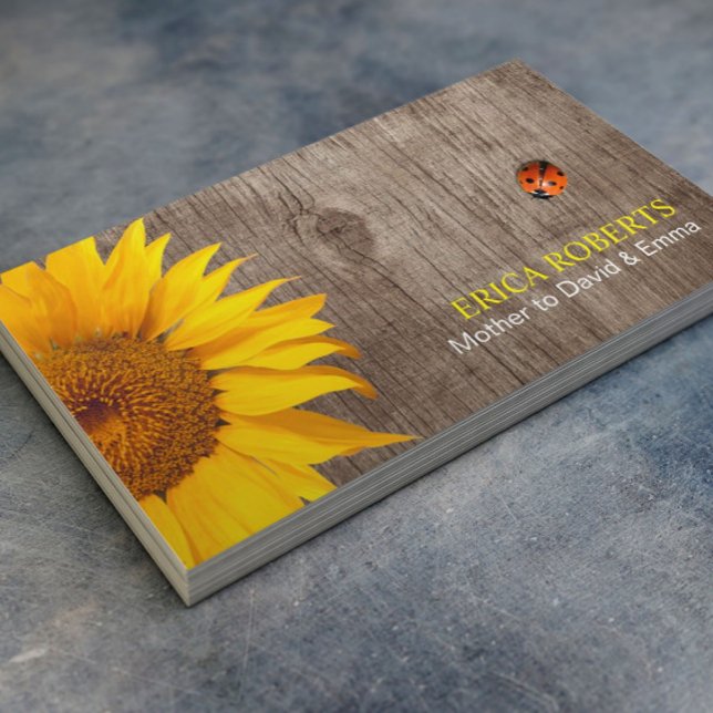 Rustic Sunflower & Ladybug Wood Background Mummy Calling Card (Creator Uploaded)