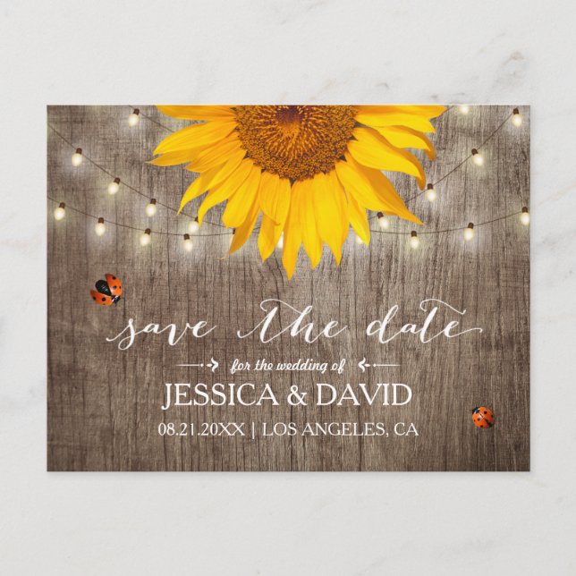 Rustic Sunflower & Ladybugs Save the Date Announcement Postcard (Front)