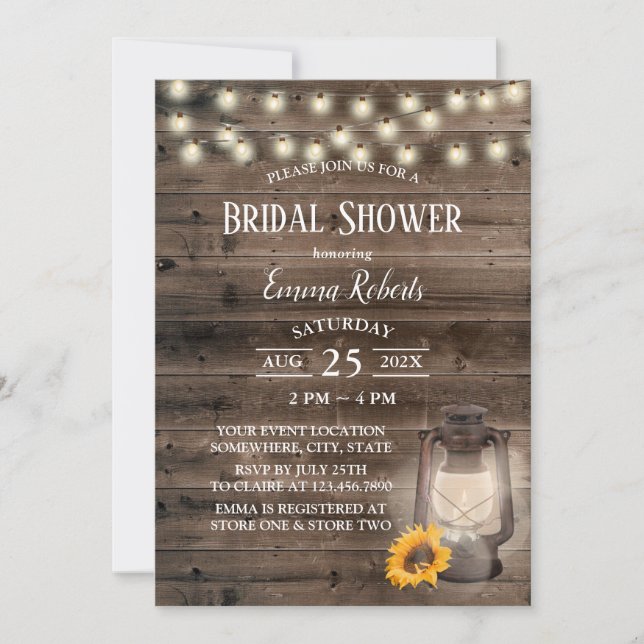Rustic Sunflower Lantern Barn Wood Bridal Shower Invitation (Front)