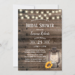 Rustic Sunflower Lantern Barn Wood Bridal Shower Invitation