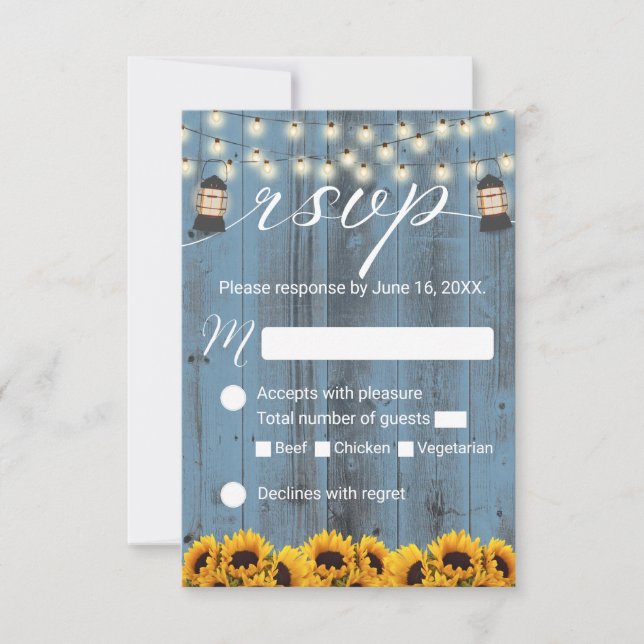 Rustic Sunflower & Lantern Dusty Blue Wedding RSVP Card (Front)