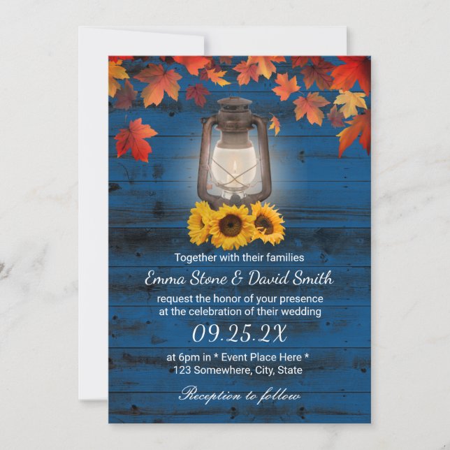 Rustic Sunflower Lantern Navy Blue Fall Wedding Invitation (Front)
