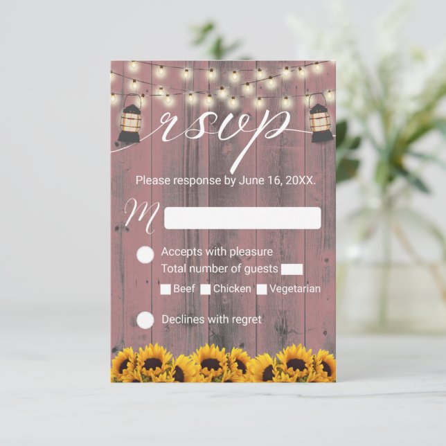Rustic Sunflower & Lantern Pink Barn Wedding RSVP Card (Standing Front)