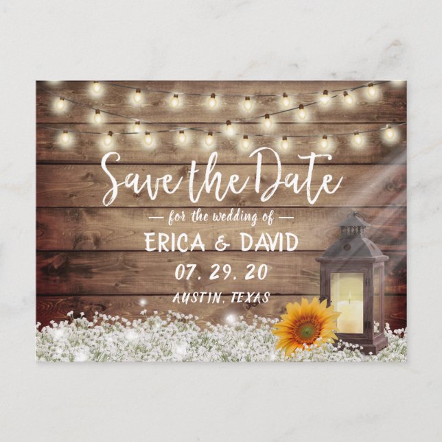 Rustic Sunflower Lantern Wedding Save the Date Announcement Postcard (Front)