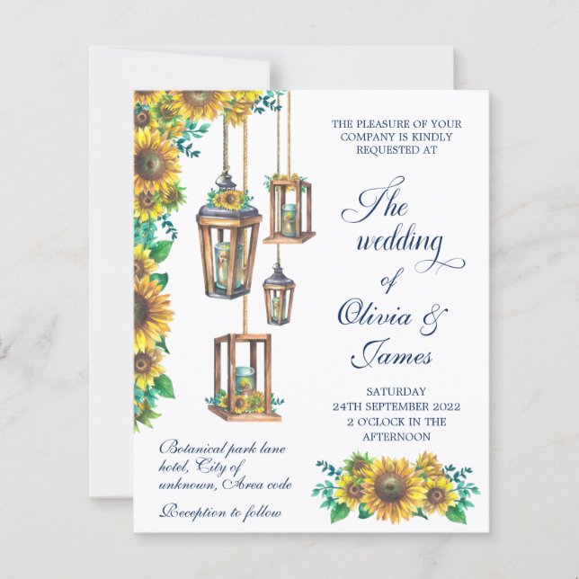 Rustic Sunflower Lanterns navy Wedding Invitation (Front)