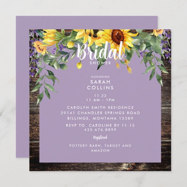 Rustic Sunflower Lavender Bridal Shower Invitation (Front/Back)