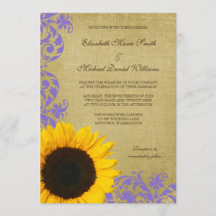 Rustic Sunflower Lavender Swirls Wedding Invitation