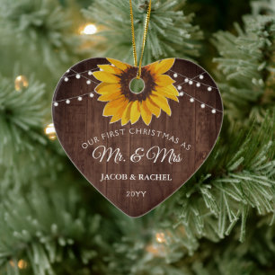 Rustic Sunflower Lights First Christmas Mr. & Mrs. Ceramic Ornament