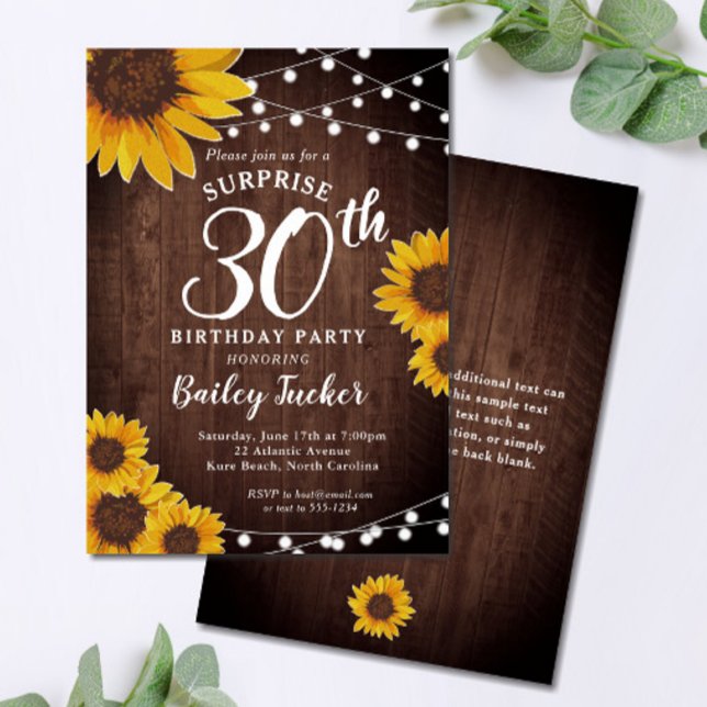 Rustic Sunflower & Lights Surprise 30th Birthday Invitation (Creator Uploaded)