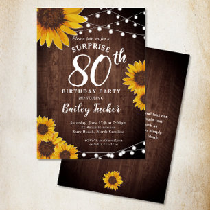Rustic Sunflower & Lights Surprise 80th Birthday Invitation