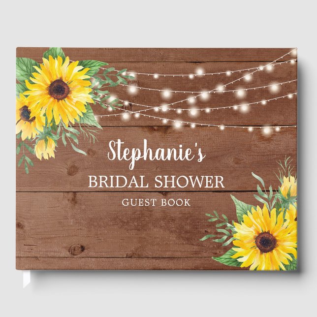 Rustic Sunflower Lights Wood Bridal Shower Guest Book (Front)
