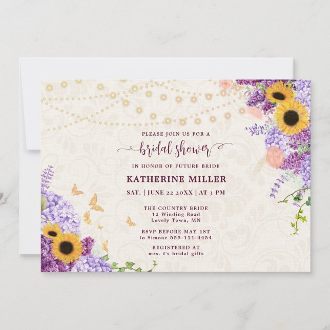 Rustic Sunflower Lilac Beige Linen Bridal Shower Invitation (Front)