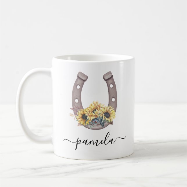 Rustic Sunflower Lucky Horseshoe Custom Name Coffee Mug (Left)