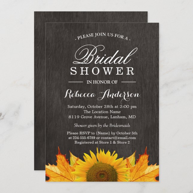Rustic Sunflower Maple Leaves Wood | Bridal Shower Invitation (Front/Back)