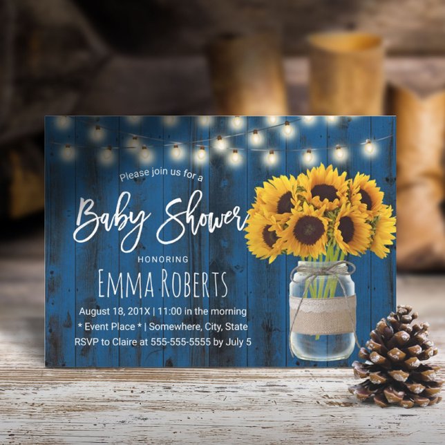 Rustic Sunflower Mason Jar Blue Wood Baby Shower Invitation (Creator Uploaded)