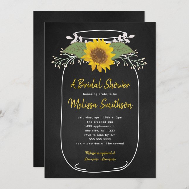 Rustic Sunflower Mason Jar Bridal Shower invite (Front/Back)