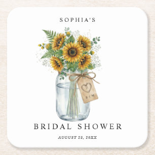 Rustic Sunflower Mason Jar Bridal Shower Square Paper Coaster