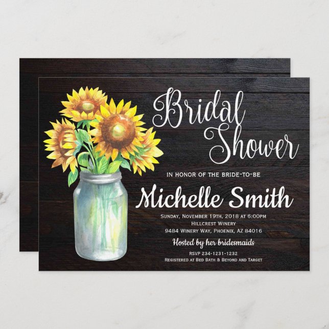 Rustic Sunflower Mason Jar Country Bridal Shower Invitation (Front/Back)