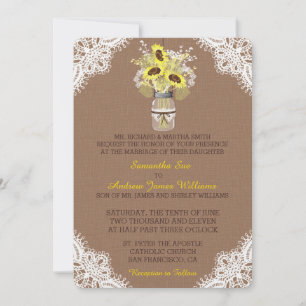 Rustic Sunflower Mason Jar Lace Wedding Invitation