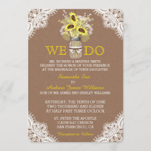 Rustic Sunflower Mason Jar Lace Wedding Invitation