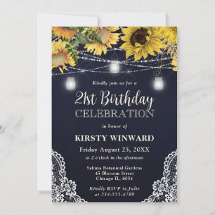 Rustic Sunflower & Mason Jar Lights 21st Birthday Invitation