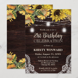 Rustic Sunflower & Mason Jar Lights 21st Birthday Invitation