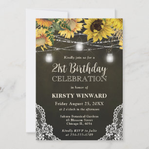 Rustic Sunflower & Mason Jar Lights 21st Birthday Invitation