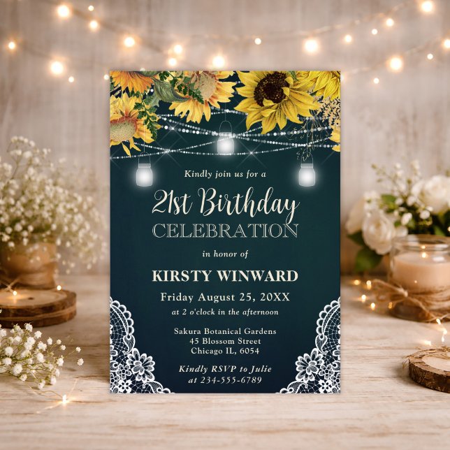 Rustic Sunflower & Mason Jar Lights 21st Birthday Invitation (Creator Uploaded)