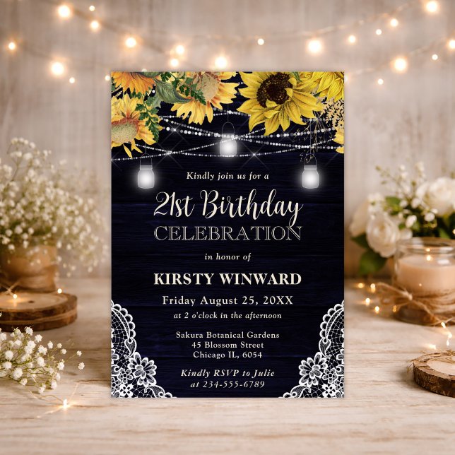 Rustic Sunflower & Mason Jar Lights 21st Birthday Invitation (Creator Uploaded)