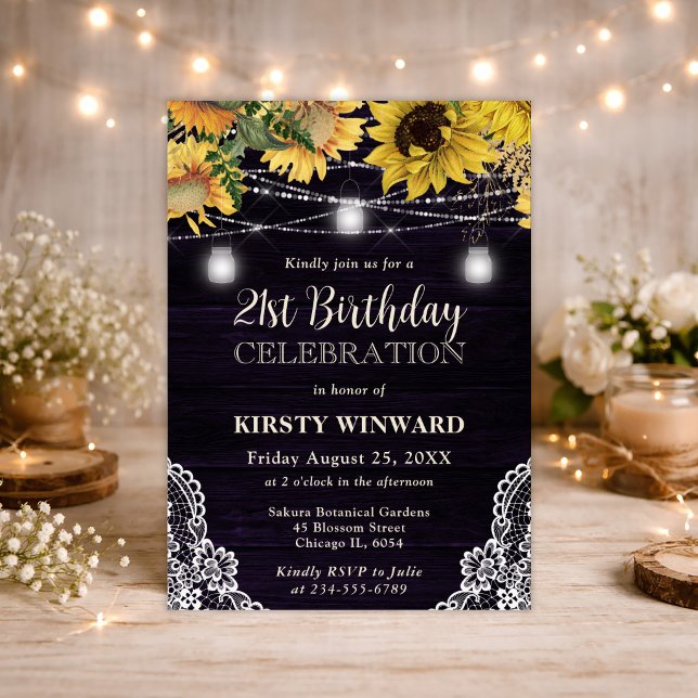 Rustic Sunflower & Mason Jar Lights 21st Birthday Invitation (Creator Uploaded)