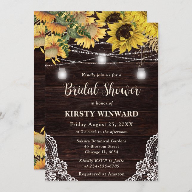 Rustic Sunflower & Mason Jar Lights Bridal Shower Invitation (Front/Back)