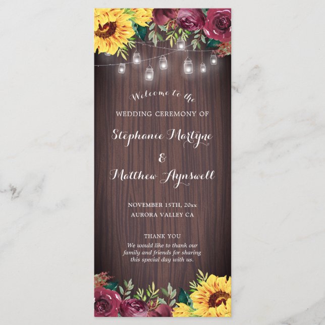 Rustic Sunflower Mason Jar Lights Floral Wedding Program (Front)