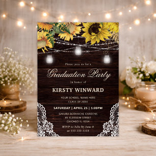 Rustic Sunflower & Mason Jar Lights Graduation Invitation