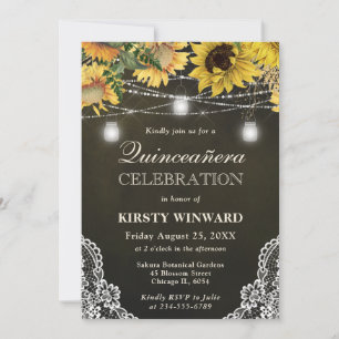Rustic Sunflower & Mason Jar Lights Quinceanera Invitation