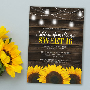 Rustic Sunflower Mason Jar Lights Sweet 16 Invitation