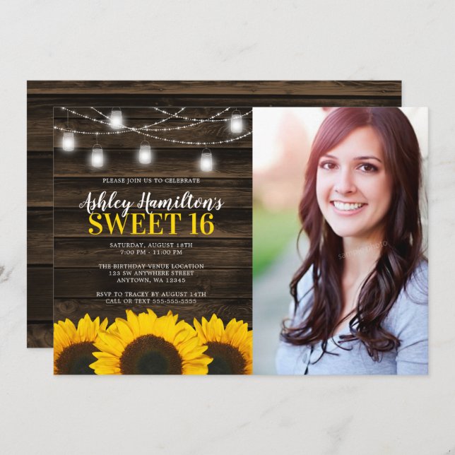 Rustic Sunflower Mason Jar Lights Sweet 16 Photo Invitation (Front/Back)