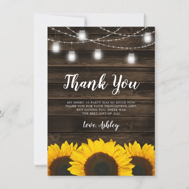 Rustic Sunflower Mason Jar Lights Sweet 16 Thank You Card (Front)