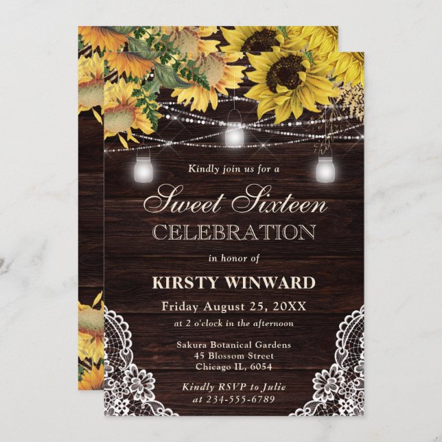 Rustic Sunflower & Mason Jar Lights Sweet Sixteen Invitation (Front/Back)