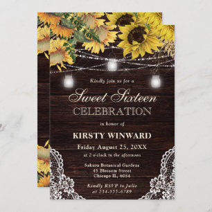 Rustic Sunflower & Mason Jar Lights Sweet Sixteen Invitation