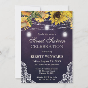 Rustic Sunflower & Mason Jar Lights Sweet Sixteen Invitation