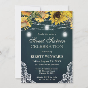 Rustic Sunflower & Mason Jar Lights Sweet Sixteen Invitation